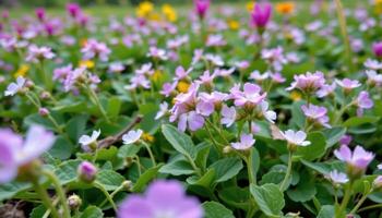 close up view of clover blossoms nestled low in a wildflower meadow. photo