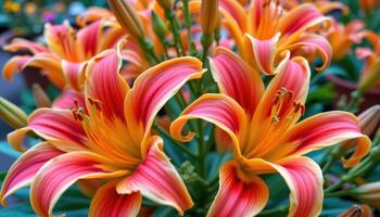 close up view of flame lilies with curling petals in bright red and yellow. photo