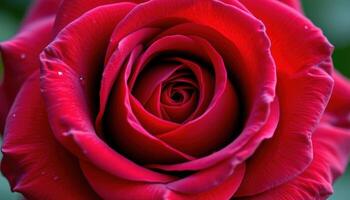 close up view of a fully bloomed rose with layers of velvety red petals unfolding in perfect symmetry, kissed by dew. photo