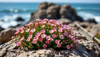close up view of sea thrift blooming in low clumps along windswept coastal rocks. photo