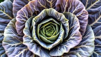 close up view of the overlapping structure of cabbage leaves forming a tight spiral. photo