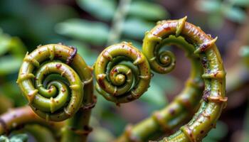 close up view of fiddlehead ferns tightly coiled before opening into full fronds. photo