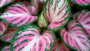 close up view of variegated caladium leaves displaying intricate patterns of pink, green, and white. photo
