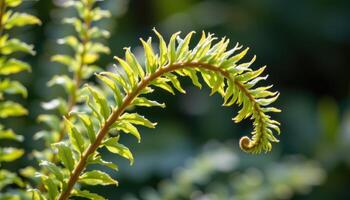 close up view of delicate fern fronds slowly unfurling in the filtered light of early morning. photo