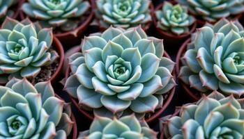 close up view of succulents arranged in concentric rows with sharp visual geometry. photo