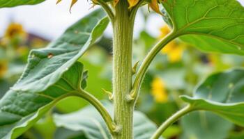 close up view of a sunflower's tall green stalk supporting wide, textured leaves. photo