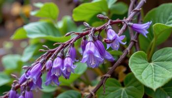 close up view of hyacinth bean vine twining upward with deep purple stems and leaves. photo