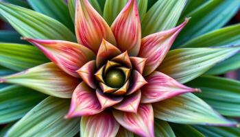 close up view of bromeliad foliage spiraling outward in a symmetrical rosette. photo