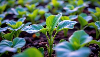 close up view of peanut plant leaves growing in even sets with soft green glow. photo