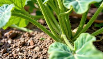 close up view of squash plant leaves stretching out on long, fuzzy stems. photo