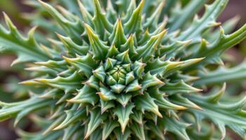 close up view of a thistle plant's spiny leaves arranged in protective rosettes. photo