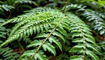 close up view of lush green fern fronds unfurling delicately in the shade of a dense forest floor. photo