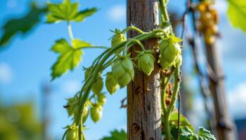 close up view of hops plant tendrils spiraling around a vertical support pole. photo