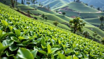 close up view of tea plant leaves being cultivated on terraced hillsides. photo