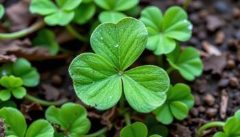 close up view of clover leaves with delicate three lobed symmetry nestled in moist ground. photo