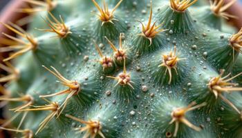 close up view of a cactus pad dotted with spines and tiny buds forming new growth. photo