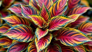 close up view of a croton plant with colorful foliage streaked in bright reds, oranges, and yellows. photo