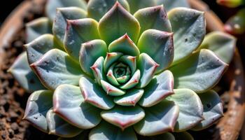 close up view of a succulent plant with thick, fleshy leaves arranged in perfect rosettes under soft sunlight. photo