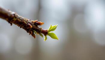 close up view of tender new growth sprouting from the tip of a maple sapling in early spring. photo