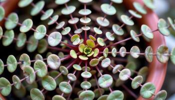 close up view of a pilea plant with coin shaped leaves extending from long thin stems in a radial pattern. photo