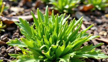 close up view of dandelion greens growing in early spring with jagged edges. photo
