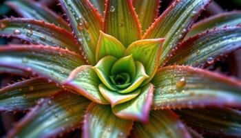 close up view of a bromeliad center with spiral leaf patterns glowing with moisture. photo