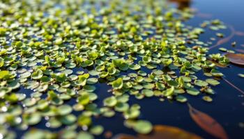 close up view of aquatic duckweed plants floating serenely on the surface of still water. photo
