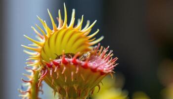 close up view of a carnivorous venus flytrap with open, spiky traps ready for prey. photo