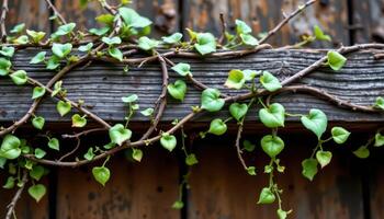 close up view of clinging vines wrapping around a wooden beam, forming patterns of growth. photo