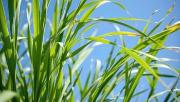 close up view of lemongrass with tall, blade like leaves bending gracefully in the wind. photo