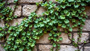 close up view of creeping fig vines scaling a garden wall with tiny, clinging leaves. photo