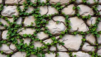 close up view of ivy vines crawling across an ancient stone wall in rhythmic patterns. photo