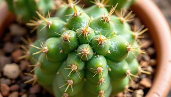 close up view of a cactus pad dotted with small spines and new buds ready to bloom. photo