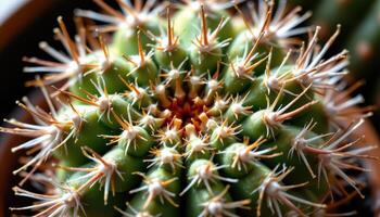 close up view of a cactus cluster with radial spines catching light at different angles. photo