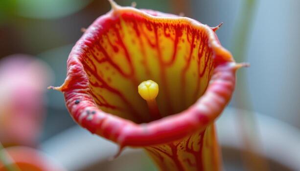 close up view of a pitcher plant's tubular structure with vibrant coloration. photo