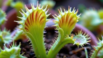 close up view of venus flytrap leaves with open lobes and spiky edges ready to snap. photo