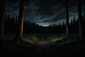 A dark forest path with trees and moonlight photo