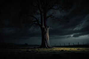 A lone tree in the middle of a field at night photo