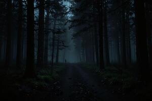 A dark path in the woods with trees and fog photo
