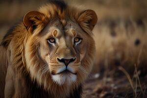 A lion is looking at the camera in the wild photo