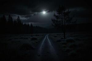 A dark road in the middle of a field with a full moon photo