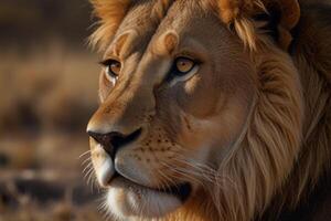 A close up of a lion looking into the distance photo