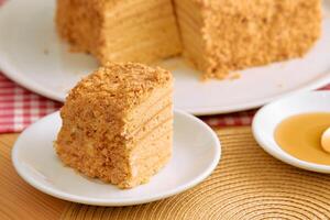 Layered honey cake slice with crumb coating on white plate photo