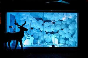 Enchanted winter display illuminated deer silhouette with blue lit orbs in window photo