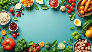 A circular frame with various vegetables and fruits photo