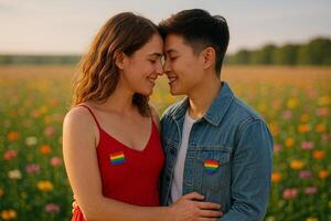 image of a romantic LGBTQ couple standing close in a colorful flower field with rainbow symbols sunlight and love showing inclusion support and emotional connection photo