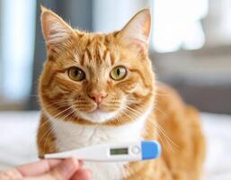 A person holding an electronic thermometer next to a cat photo