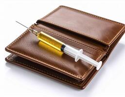 A syringe is sitting in a brown wallet photo