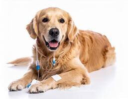 A golden retriever with a blue and white bandage on its paw photo
