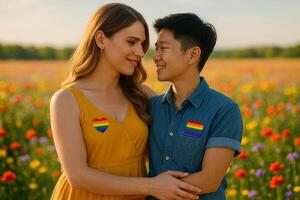 image of a transgender woman and tomboy partner sharing a tender moment in a colorful flower field under warm sunlight with rainbow symbols expressing love and inclusion photo